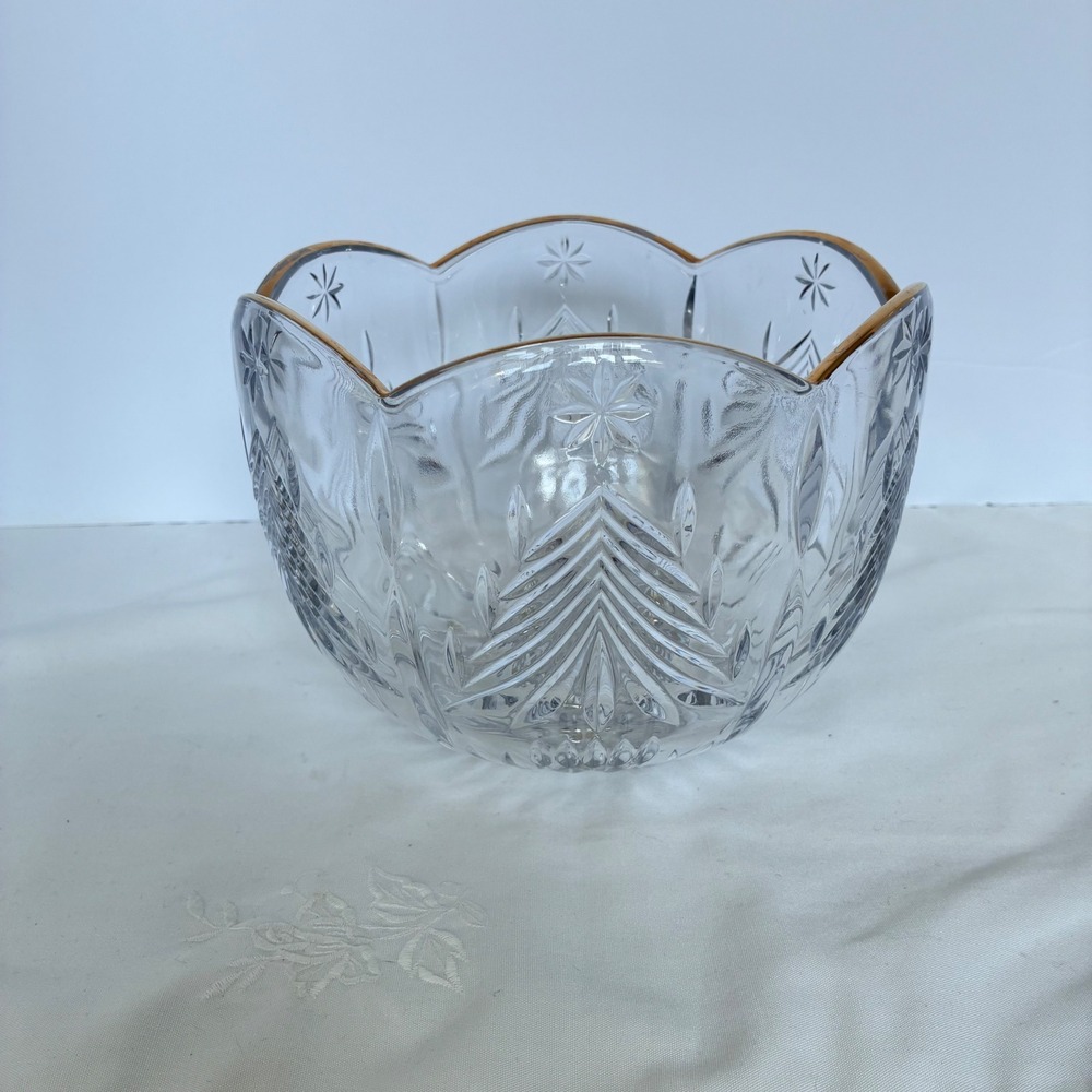 Vtg Mikasa Crystal Bowl Christmas Tree Star Cut Glass Gold Rim Tablescape